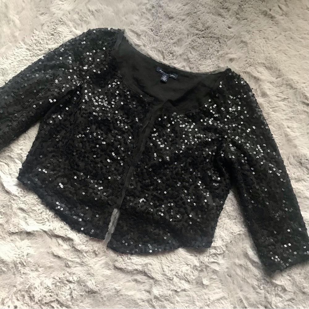 American Eagle glamrock sequins gauze shrug bolero jacket black longer in front